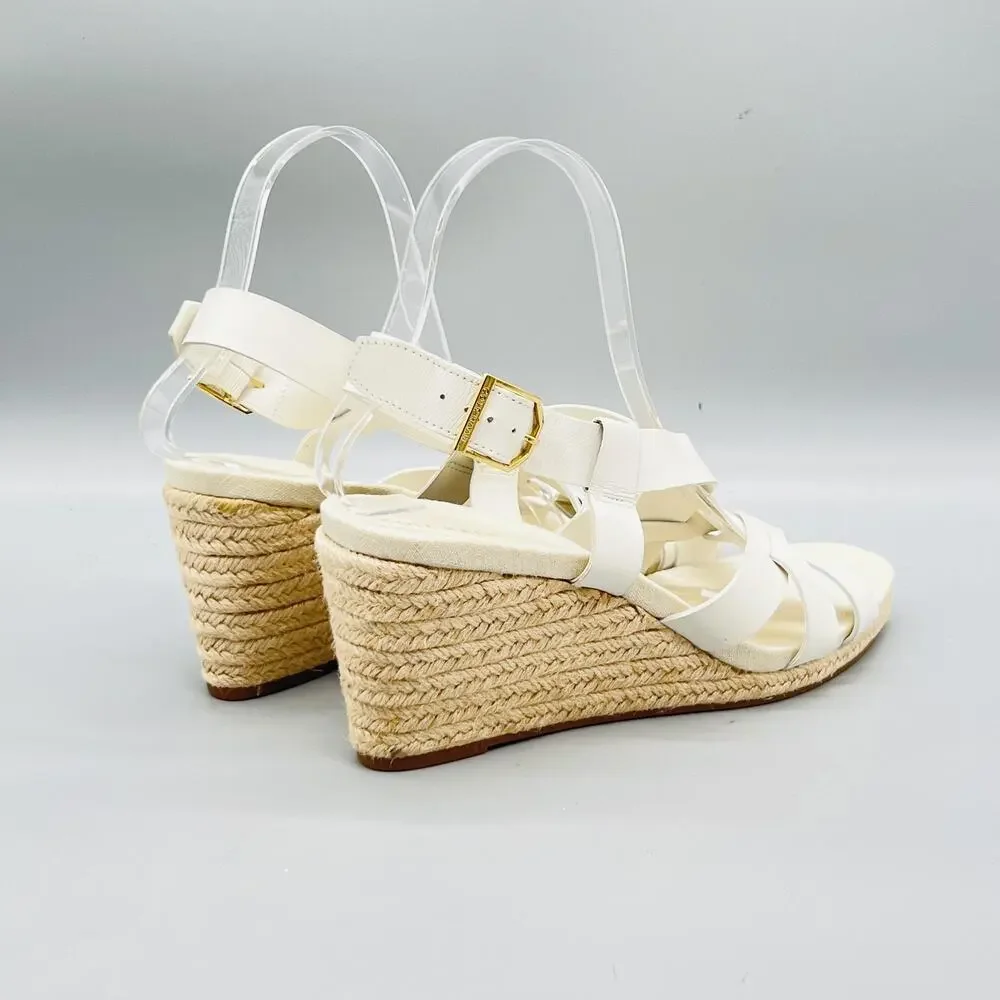 Cole Haan Sandals Women 9 White Leather Strappy Slingback Espadrille Wedge Shoes